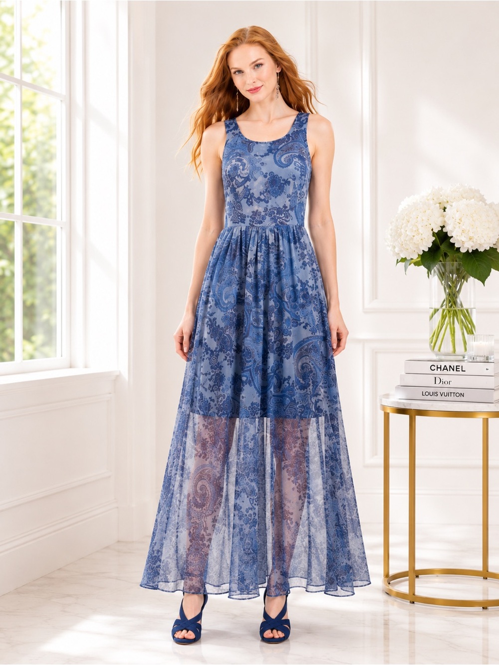 Betsey Johnson Blue Paisley Chiffon Maxi Dress Sleeveless Boho Romantic NWT 8